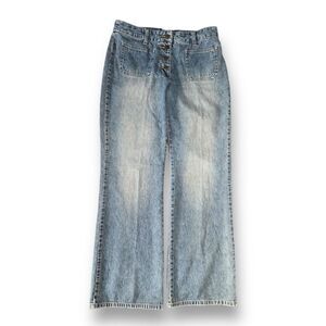 Wide Flair Blue Jeans Pants Size 10 High Waisted Button Fly Stonewashed Denim